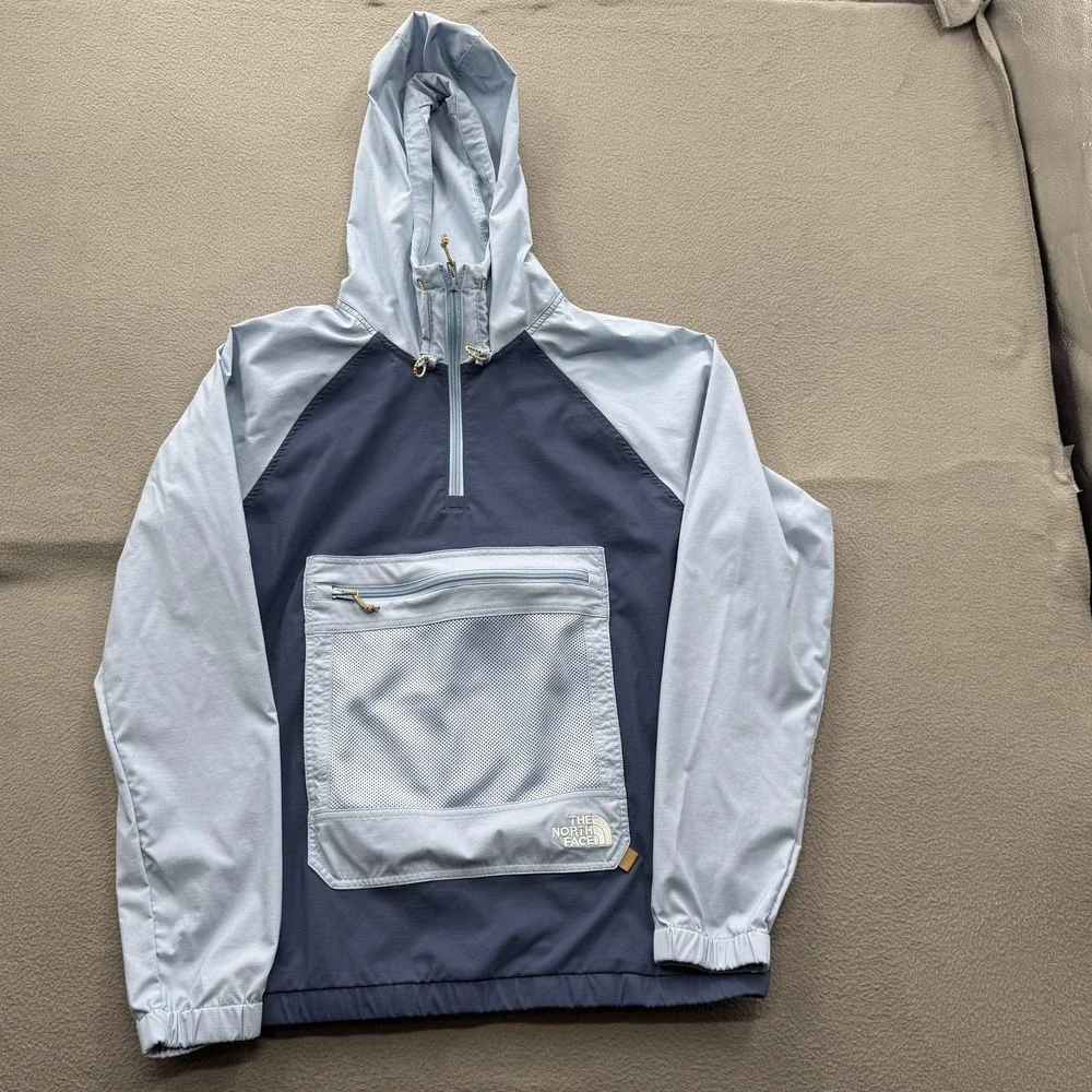 The North Face Jacket Mens Medium Blue Colorblock Hooded 1/4 Zip Windbreaker